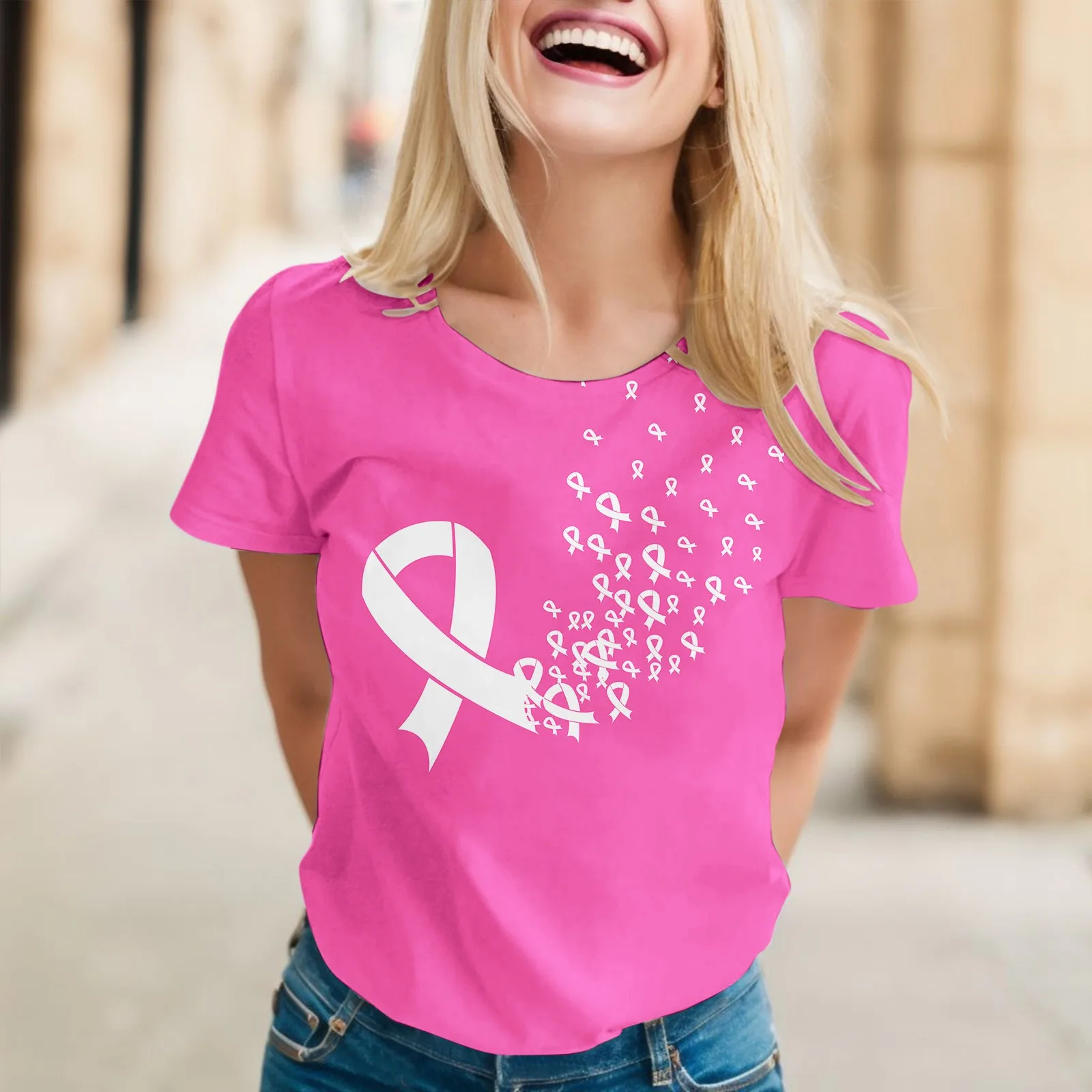 

Women Casual Pink T-Shirt Breast Cancer Print Awareness Graphic T Shirts Solid Color Round Neck Short Sleeve Female Tees Cancer