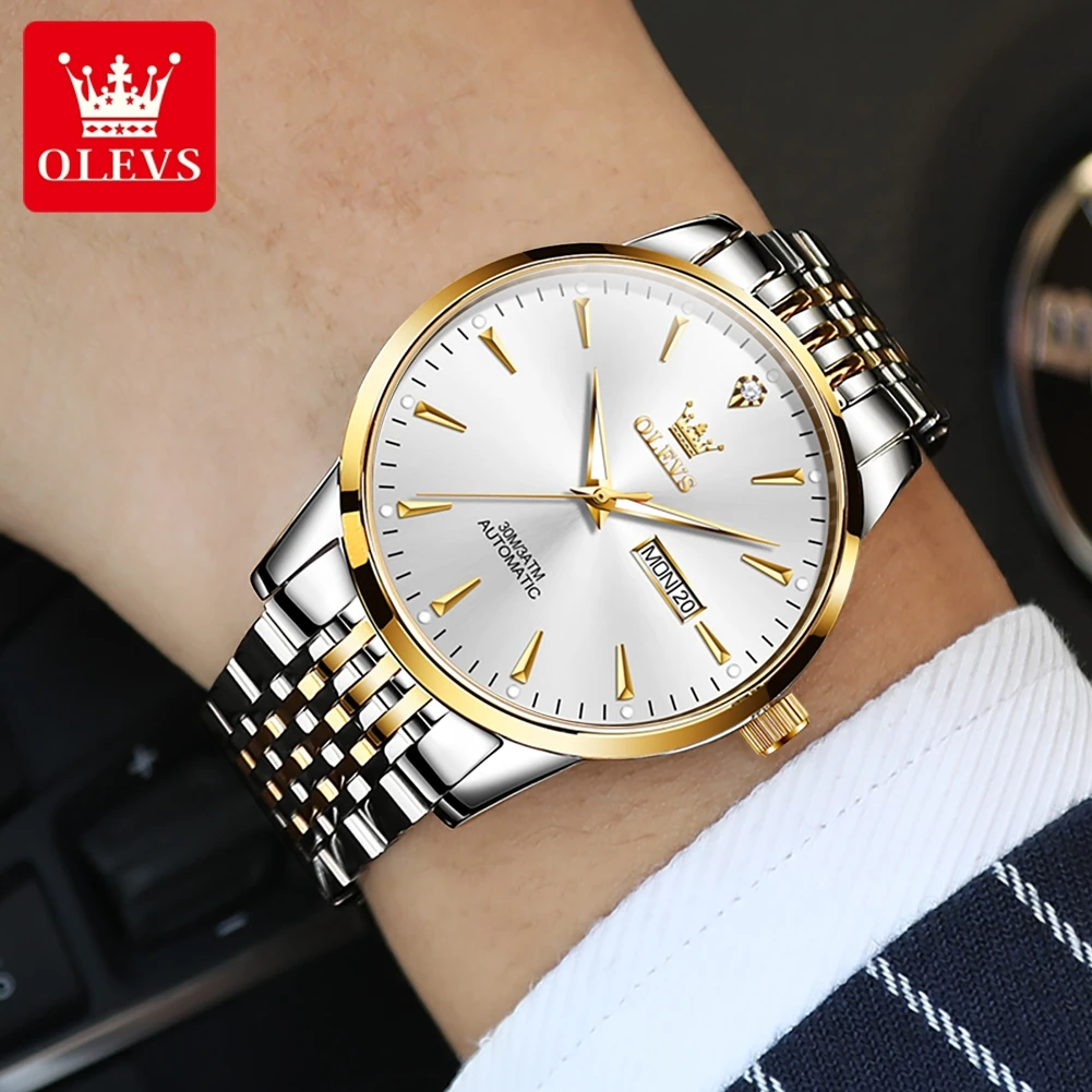 OLEVS 6635 Men\'s Watch Luxury Top Brand Gold Men\'s Automatic Mechanical Watch Business Calendar Waterproof Stainless Steel Watch