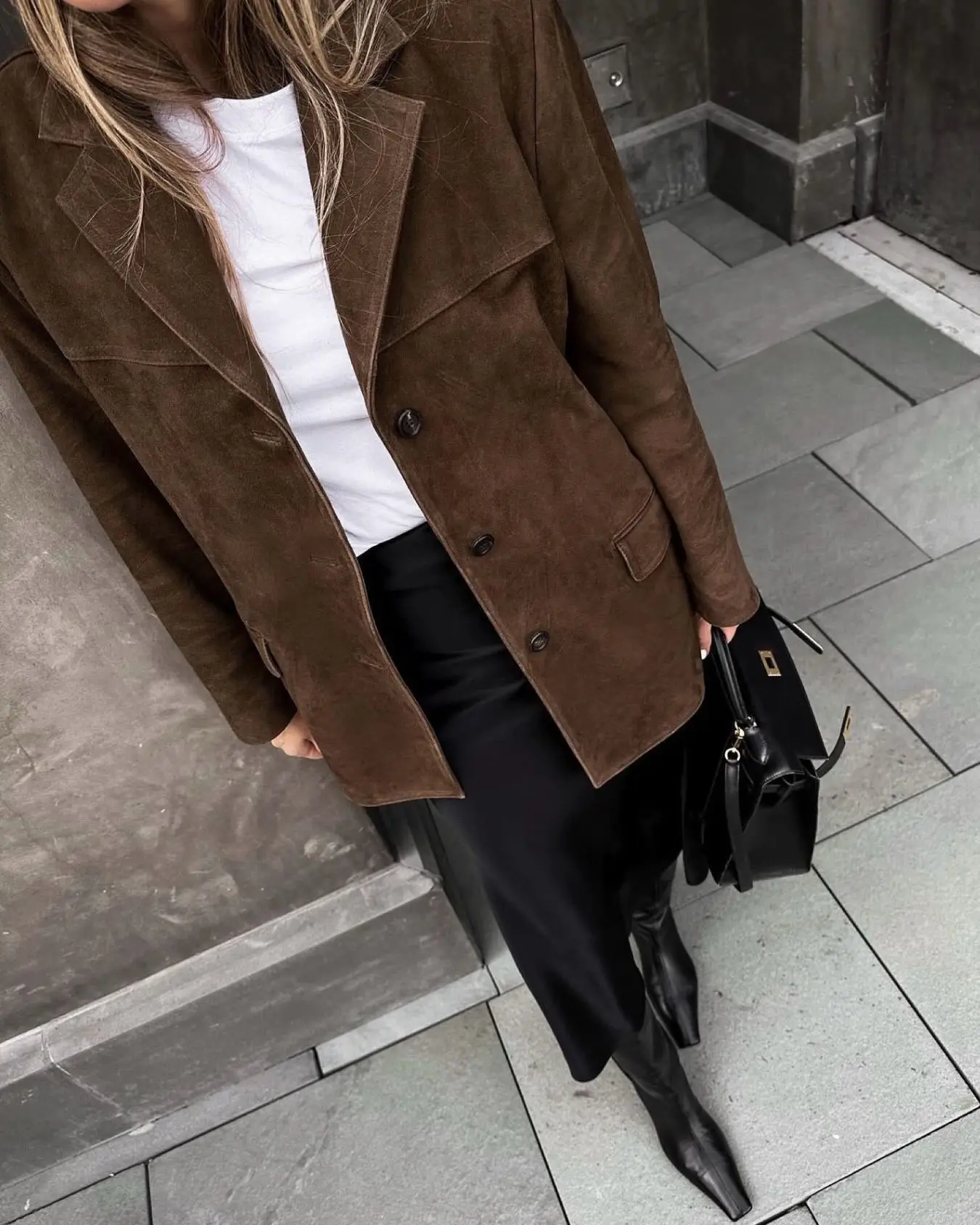 

Vintage Women's Suede Leather Jacket Single Breasted Lapel Brown Blazer Loose Coats 2025 Autumn Office Lady Outerwears