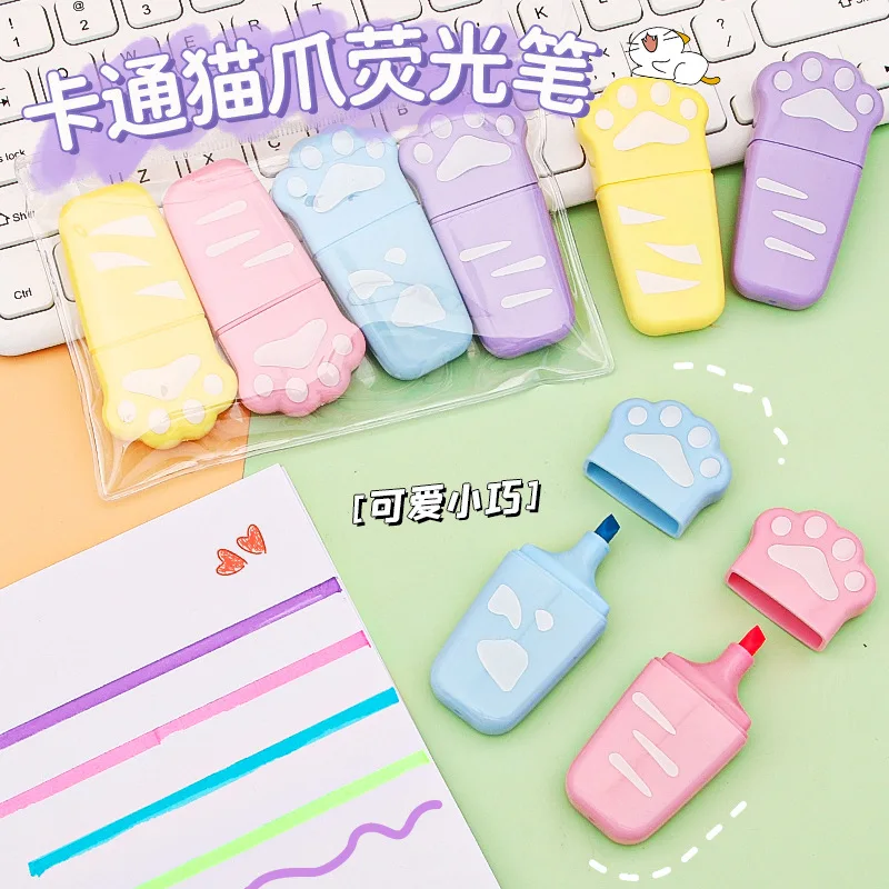 4Pcs Pastel Color kawaii cat paw Highlighter Marker Pens Fluorescent Pen Drawing Highlighters Cute Stationery School Supplies