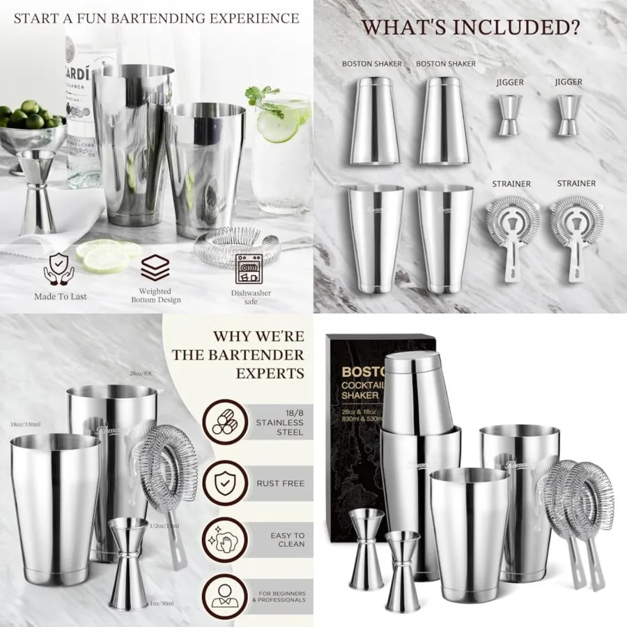 

Boston Cocktail Shaker Set, 8-Piece Professional Bartender Kit with Stainless Steel Martini Drink Mixer, Hawthorne Strainers, D