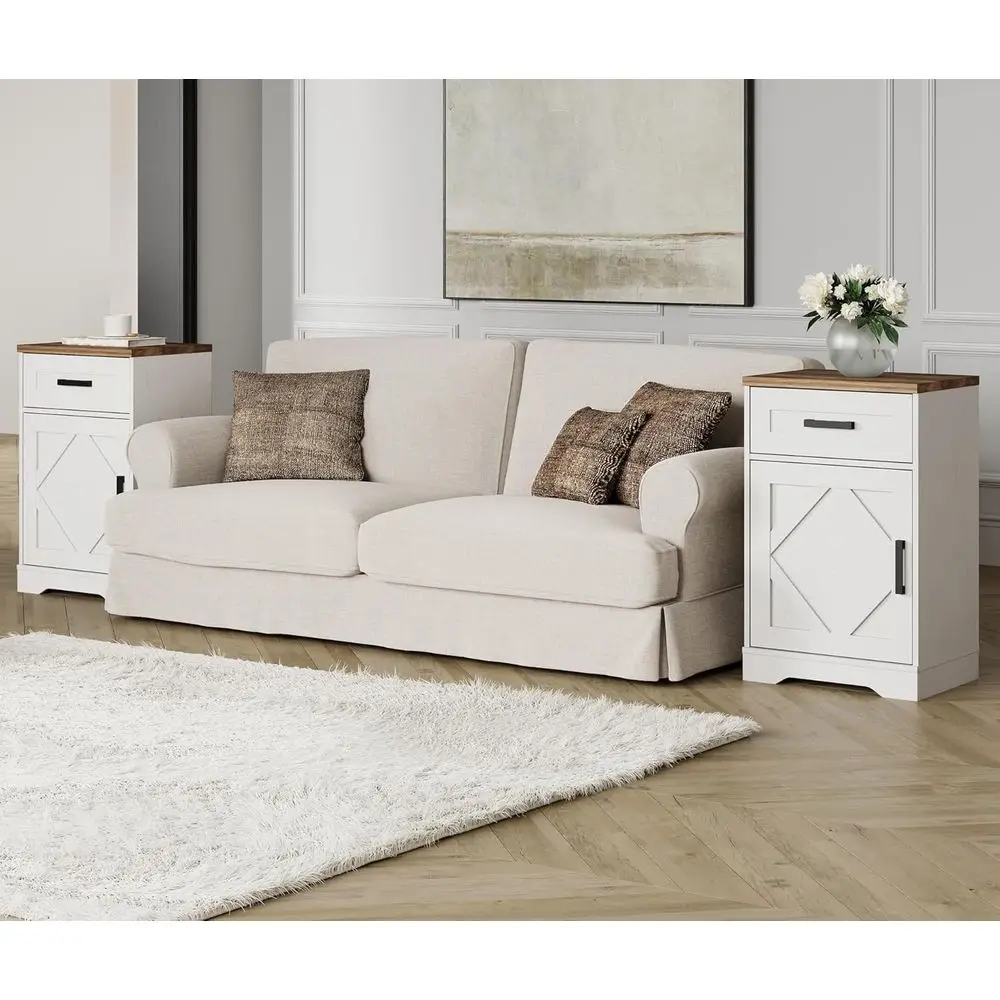 

32 High End Table Set of 2 with Drawers and Barn Door Cabinet, Antique White Living Room Furniture, Tall Nightstand Set with Adj