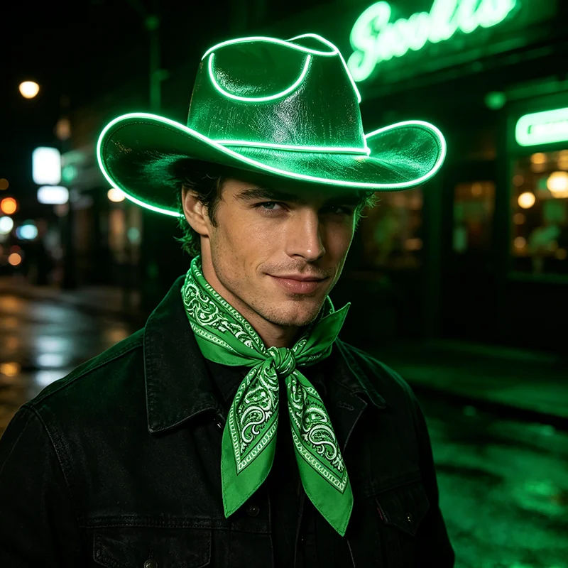 1Set Light Up Cowboy Hat with Scarf Luminous Cowgirl Hats for Wedding Bachelorette Party Western Party Birthday Photo Pros view 2