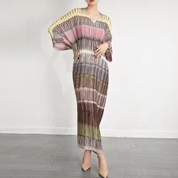 Miyake 2024 Autumn New Women's Bat Sleeves Long Dress Loose Plus Size Fashion Pleated Maix Dress