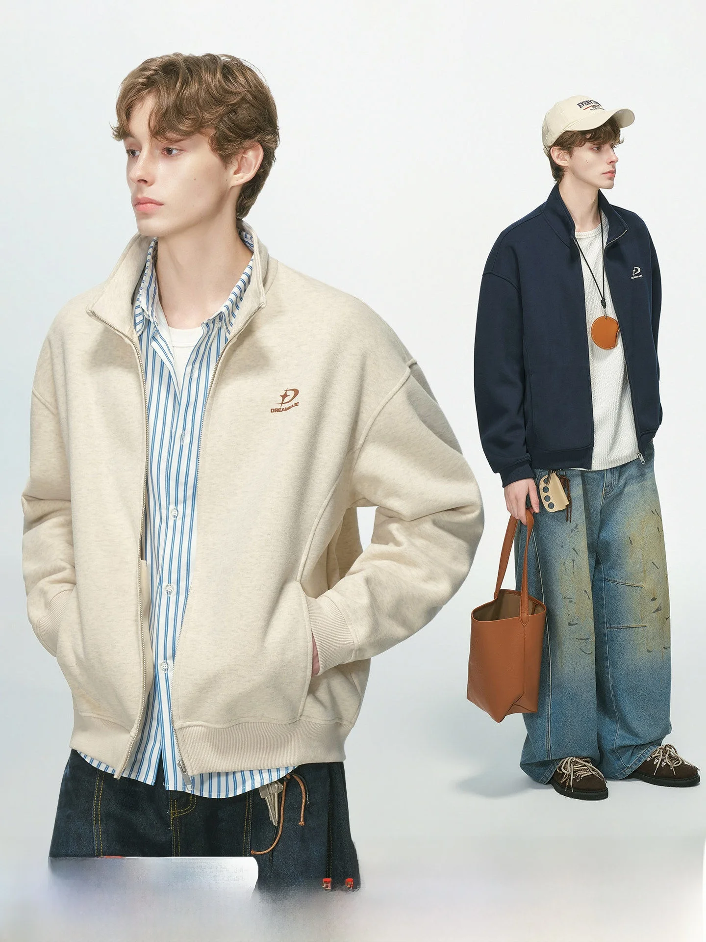 Dream Made American Style Commuter Embroidered Open Cardigan Sweatshirt Men's Heavy Zipper Jacket Boys' Cotton Spring Autumn ...