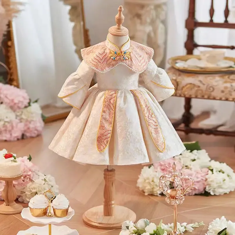 

Girls' New Stylish High-Quality Embroidered Shawl One-Year-Old Little Host Party Pearl Princess Dress