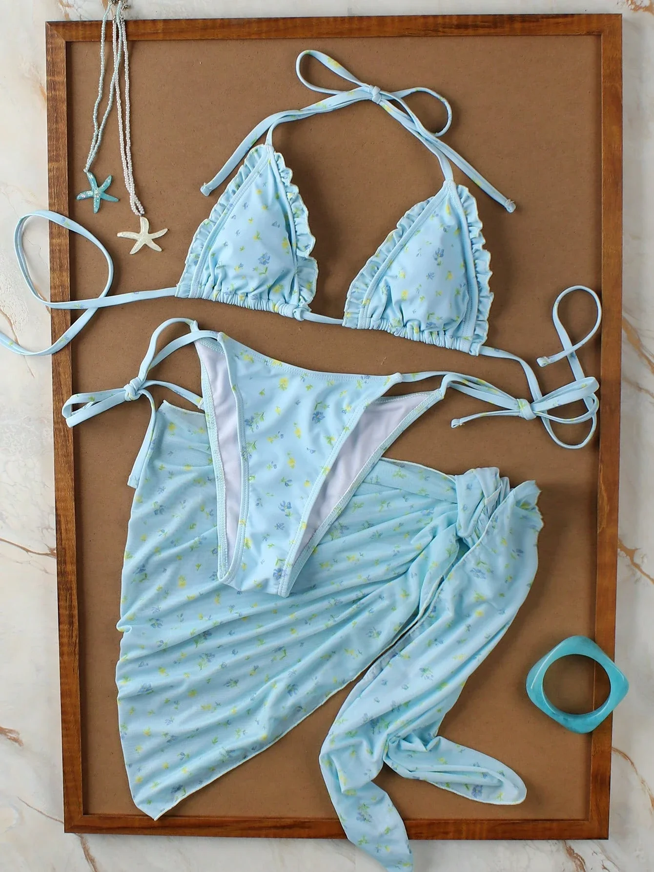 

Женский комплект бикини с цветочным принтом и завязками на шее, с накидкой, для пляжного отдыха и вечеринок