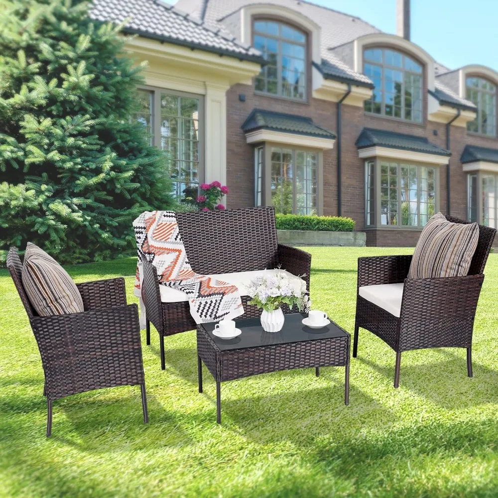 Garden Sofas Conversation Sets Outdoor Wicker Rattan Chairs Garden Backyard Balcony Porch Poolside Brown/Beige Garden Sofas