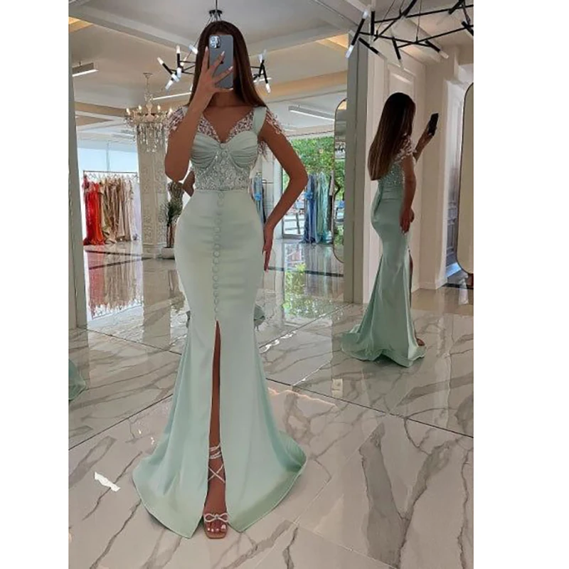 Elegant Mint Green Evening Dresses Customized Sweetheart Crystal Sleeveless Sweep Train Gowns Fashion Prom Party Long Dress