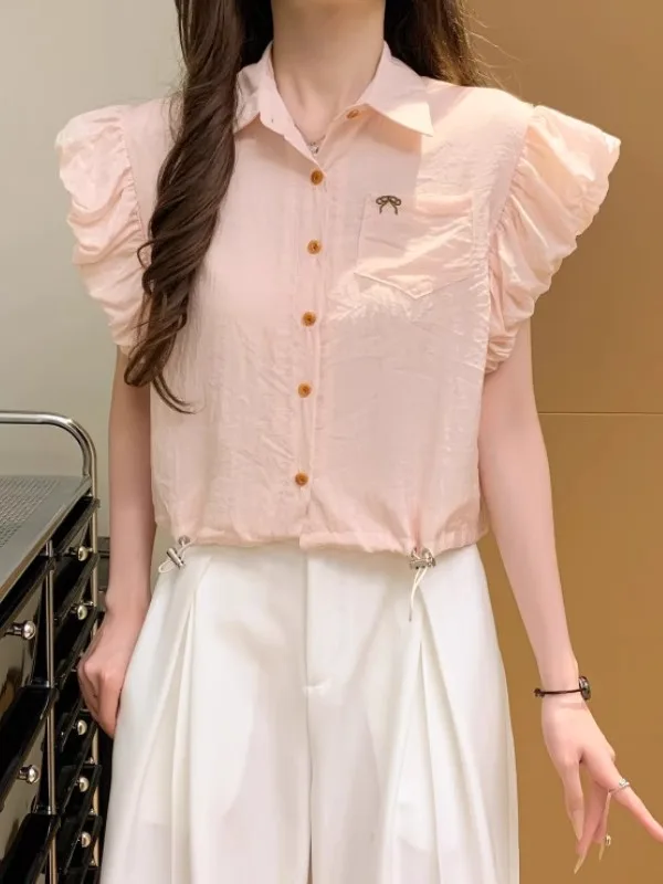 

Women's ort Svel irt Summer Faion 2026 Turn-down Collar ature Flip-cuff Open Cardigan Top Polyester Fiber