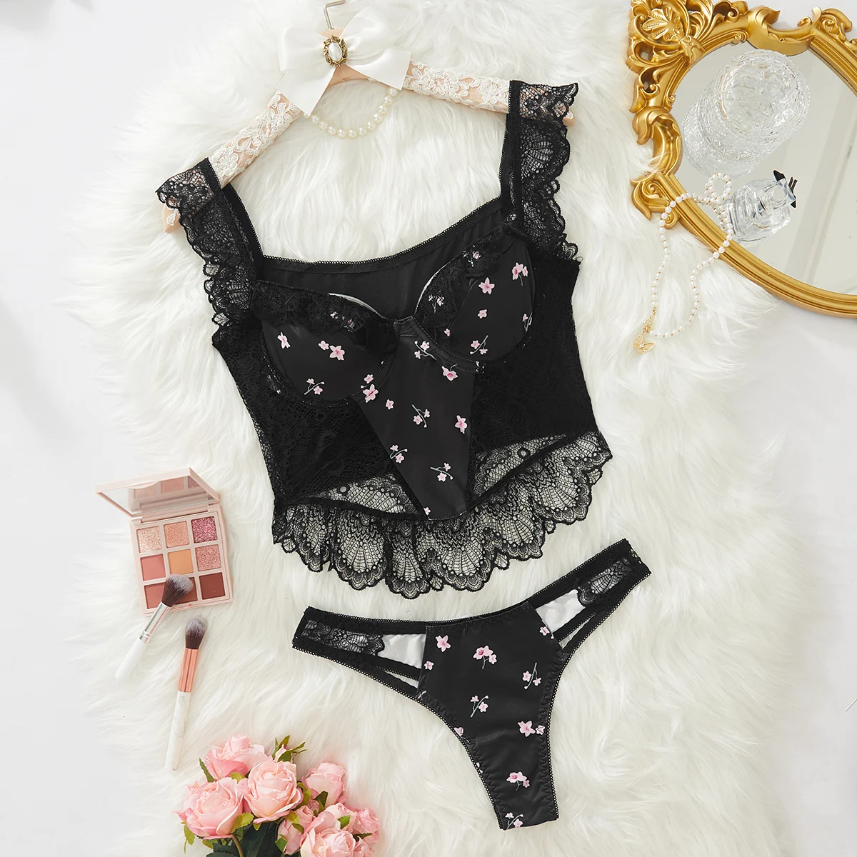

Sexy Lingerie European and American Temptation Lace Tummy Control Shaping Cross-Border Supply Printed Milk Silk Bra for Women
