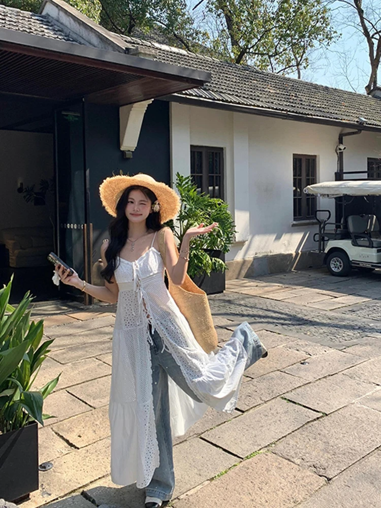 Süße Ballett-SLE-lange Oberbekleidung Dr. Damen-Sommer-Pendeln mit hoher Taille, aushöhlen, trägerlos, Dr. Midi-Rock, V Ne