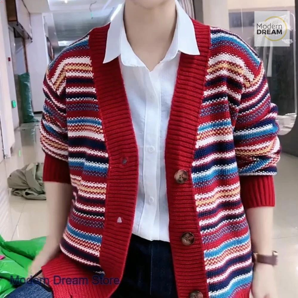 프렌치 스타일 패션 컬러 스트라이프 스웨터 코트 여성용 가을 겨울 신상 캐주얼 웨스턴 스타일 루즈 조커 스웨터 코트