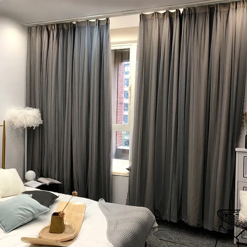 Double Layer Dark Gray Fabric and Tulle Integrated Shading Curtains Nordic Minimalist Ins Elegance High-end Luxury Floor Screen