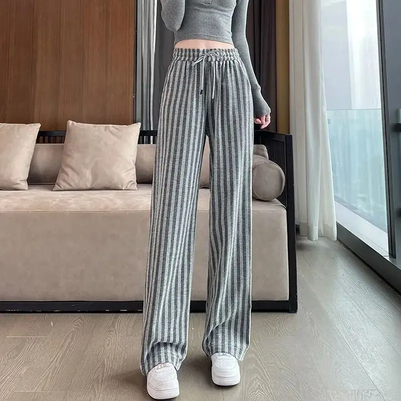 Summer Ice Silk Stripe Wide Leg Pants Women's Elastic High Waist Pockets Patchwork Loose Fashion Thin Straight Casual Trousers