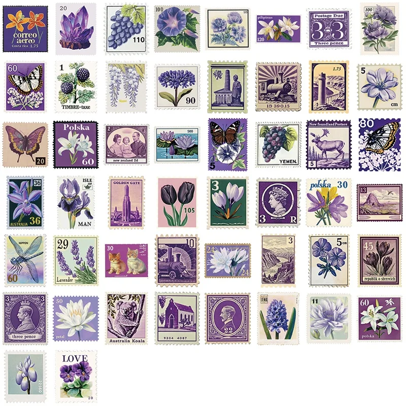 10/30/50PCS Vintage Purple Stamps PVC Sticky Sticker Aesthetic DIY Decoration Scrapbooking Supplies