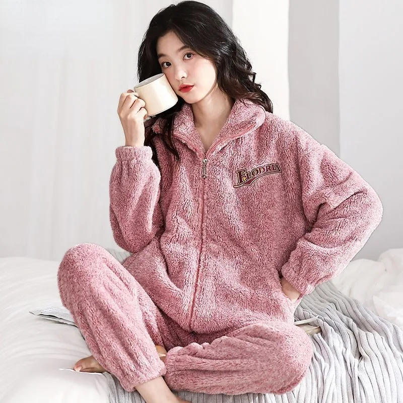 Pijama feminino espesso de lã coral, pijamas de flanela quente, Homewear solto, com zíper, outono e inverno, novo, 2023