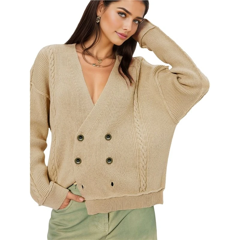 Cardigan en tricot torsadé décontracté pour femme, col en V, double boutonnage, épaules tombantes, couleur kaki, taille M, écoresponsable