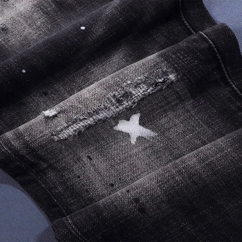 الشارع مصمم الأزياء الرجال الجينز عالية الجودة الرجعية أسود رمادي تمتد رسمت ممزق الجينز الرجال Y2K العلامة التجارية خمر الدنيم السراويل #4