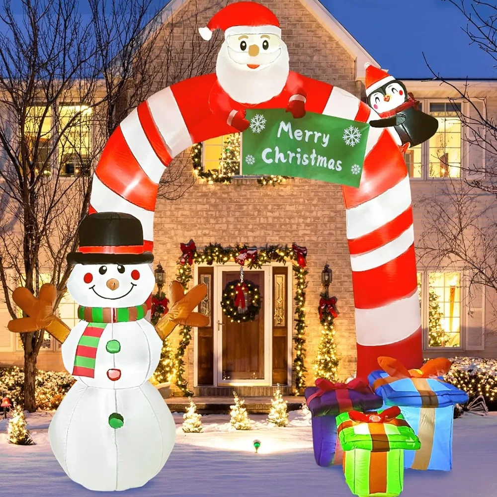 Christmas Santa 8FT Candy Cane Archway, Santa Penguin and Snowman Arch, Blow Up Yard Decorations with Christmas Inflatables