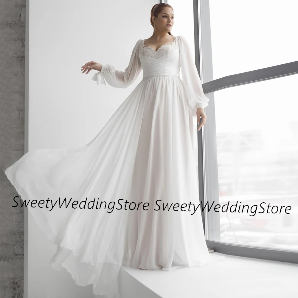 

Women Plus Size Wedding Dress for Bride New Arrival Sweetheart Puff Sleeves Beading Belt Lace A Line Chiffon Beach Bridal Gown