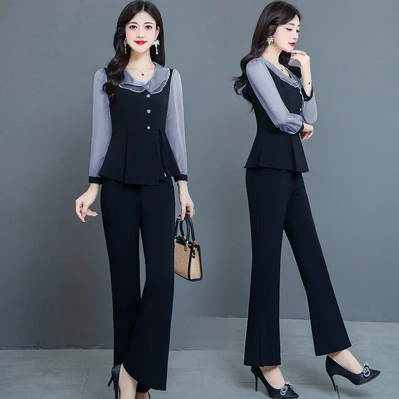 Fashion Pants Sets For Women 2024 Spring New Office Lady Ruffled Collar Patchwork 2 Pieces Pantsuits Female Costume Outfits