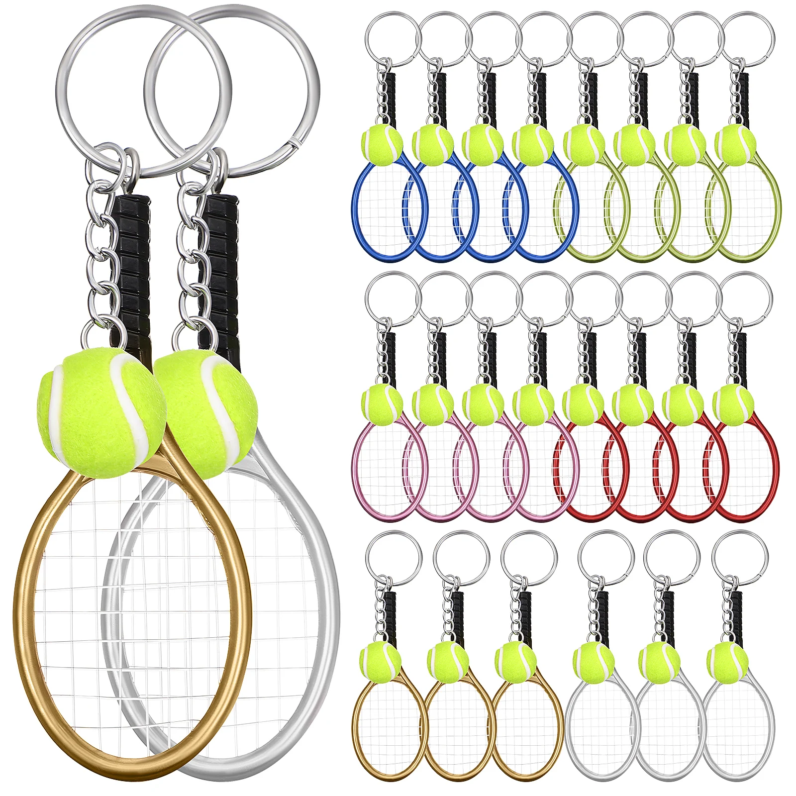 

24 pcs Tennis Keychain 4 Colors Design Lightweight Portable Outdoor Camping Hiking Tennis Racket Shape Key Ring Holder