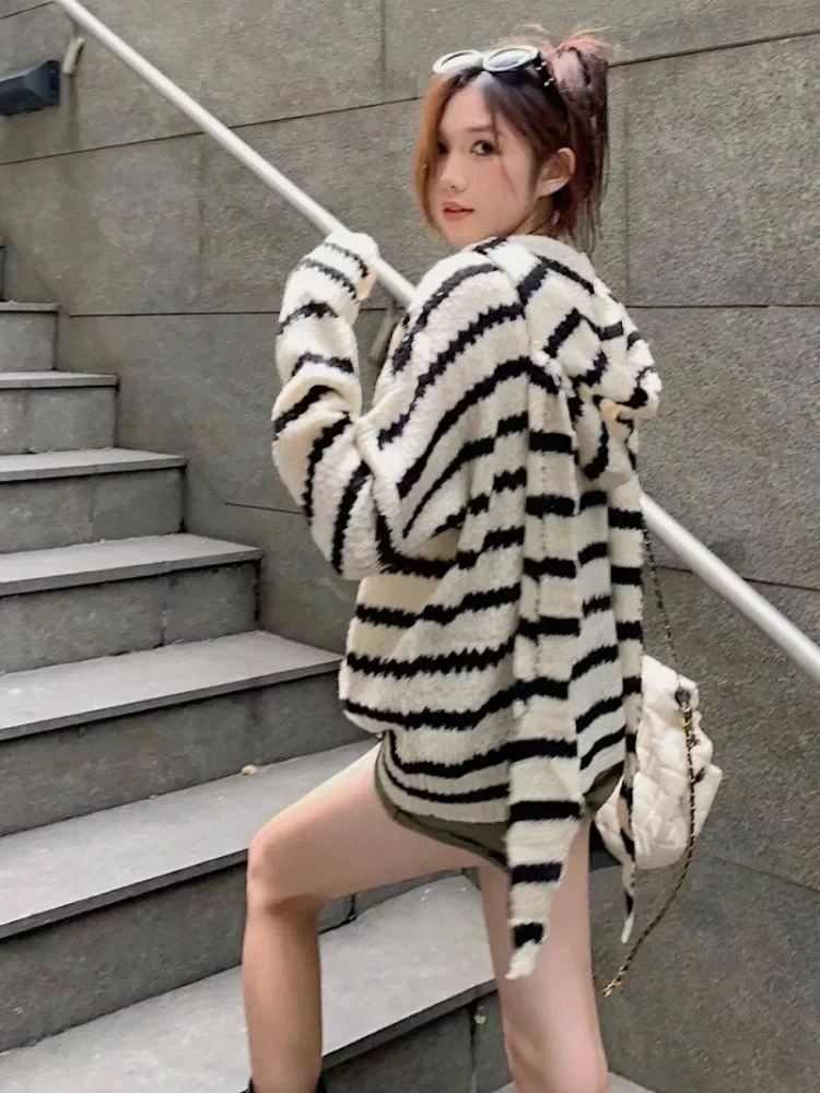 Women Vintage Loose Striped Caridgan Coat Fashion Y2k Aesthetic Hooded All Match Jackets New Oversized Japanese Pocket Kardigan