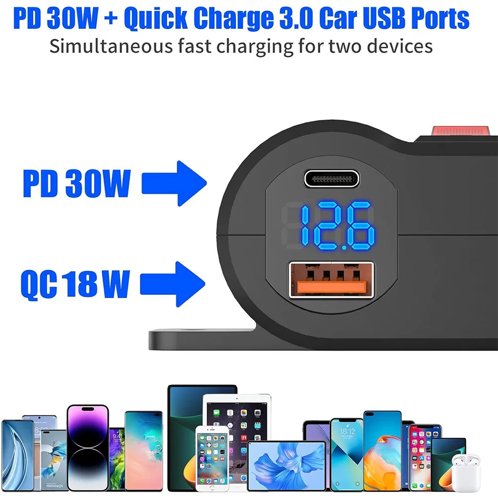 120W QC3.0 & PD3.0 12V USB Outlet Cigarette Lighter Socket with Voltmeter Power Adapter for RV Marine Boat Motorcycle Truck Bus
