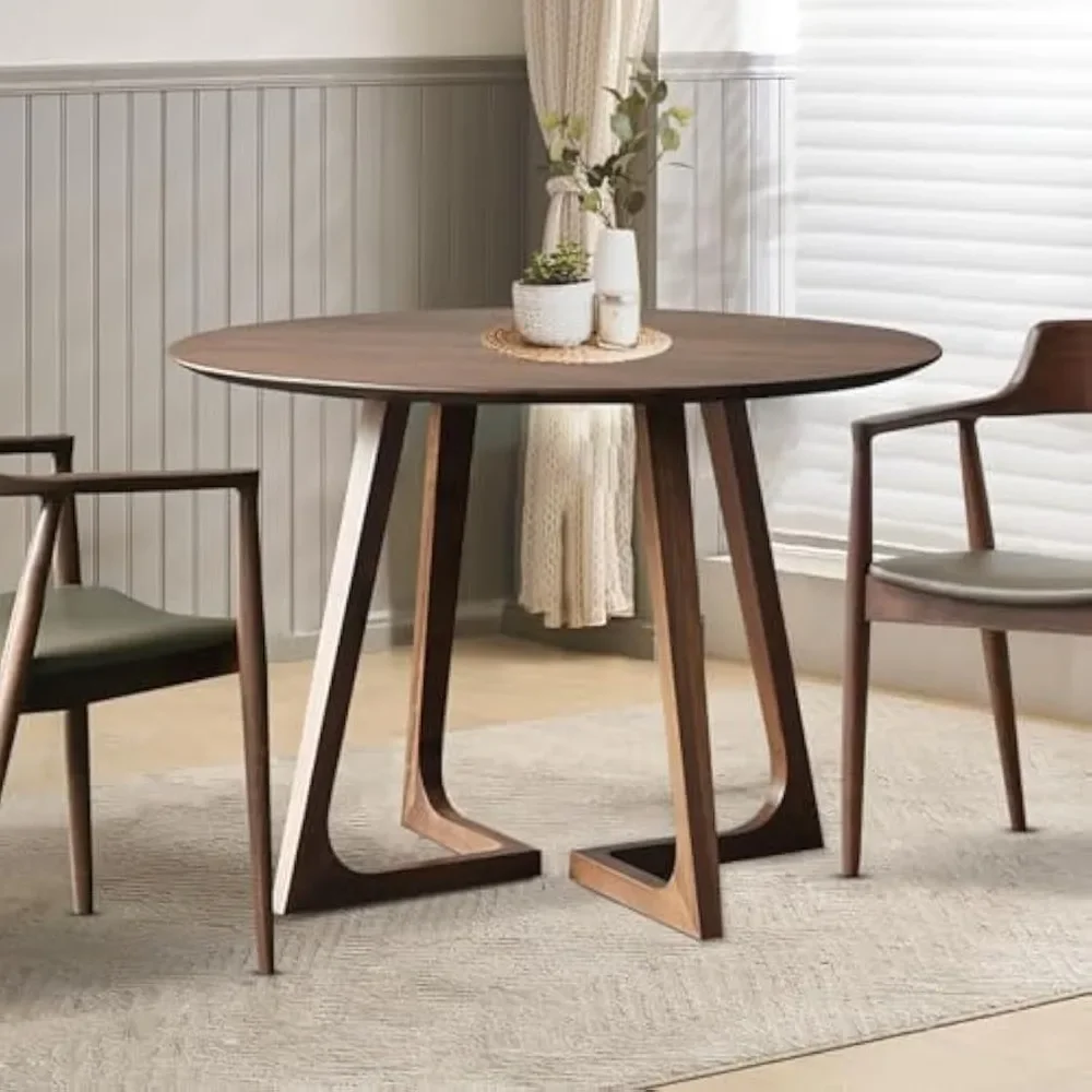 Walnut Round Dining Table for 4, 35.4 Small Wood Round Kitchen Table with Solid Wood Legs, Dining Room Table for Home