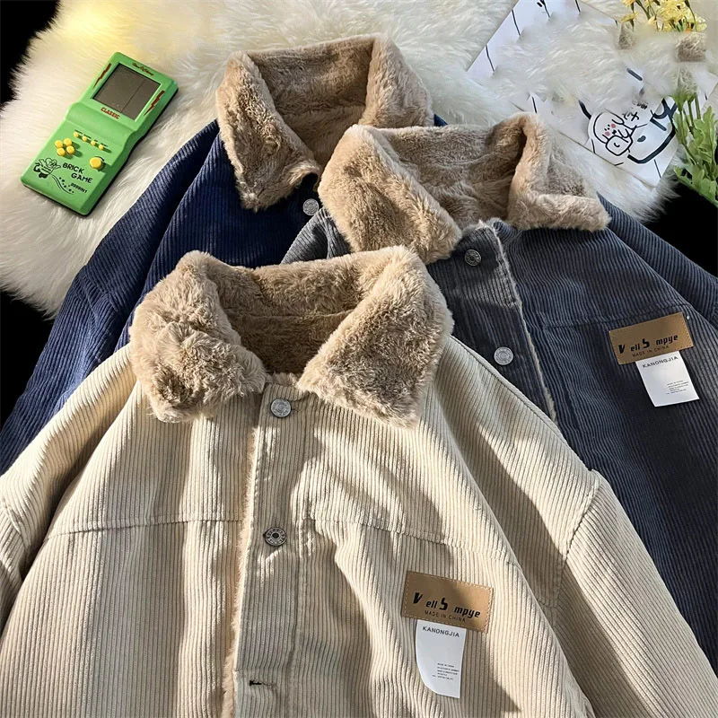 Autumn Winter Fleece Corduroy Jacket For Men Retro Lapel Appliques Plush Coat Korean Casual Fashion Warm Thick Overcoat