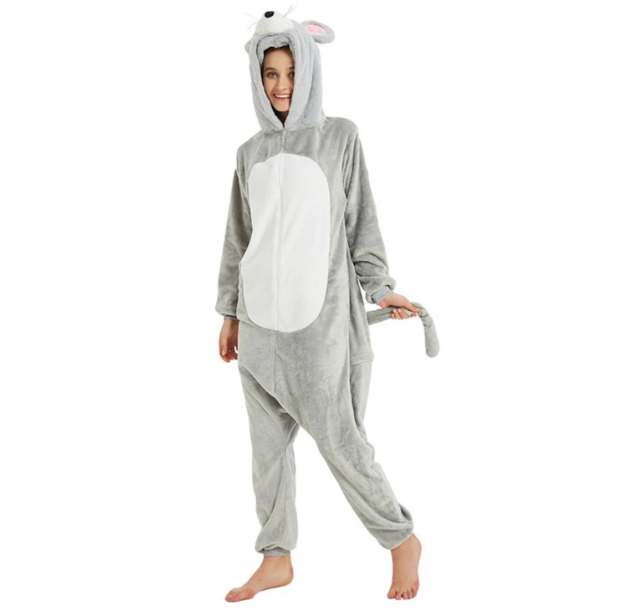 New Flannel Gray Mouse Onesies Kigurumi Adult Grey Rat Pajamas Nightgown Cosplay Costume Animal Pyjamas Sleepwear Set