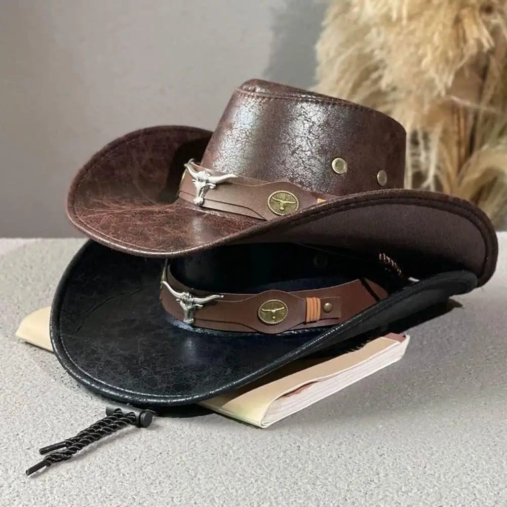 Unisex Vintage Faux Leather Western Cowboy Hat Outdoor Gentleman Cowgirl Jazz Cap Y2K Outdoor Travel Wide Brim Cowgirl Sun Cap