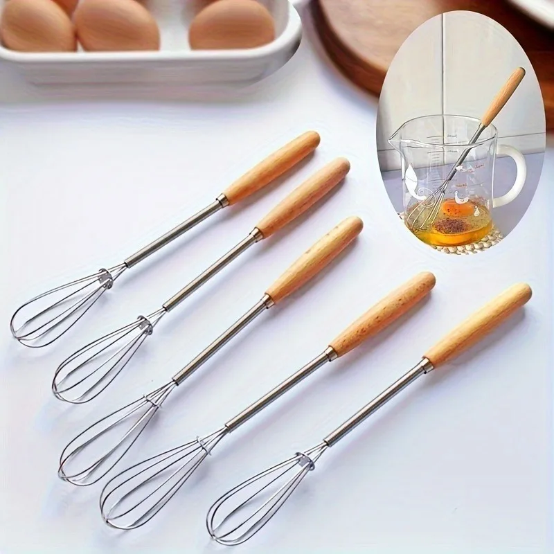 

3pcs, Whisk with Solid Wood Handle, Kitchen Mini Stainless Steel Egg Beater, Milk Whipper Wire Whisk for Blending