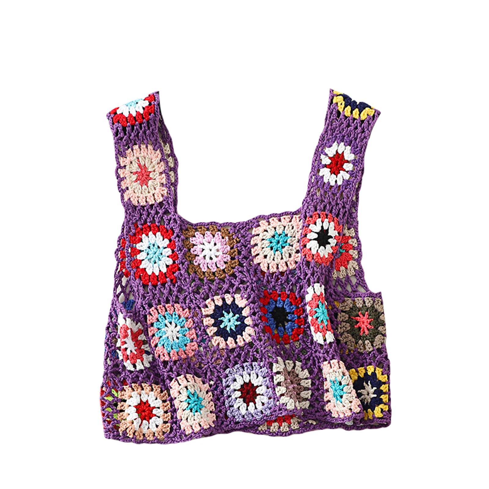 Women Boho Style Sleeveless Tops with Vibrant Hand Crochet Embroidery and Openwork Knit Design