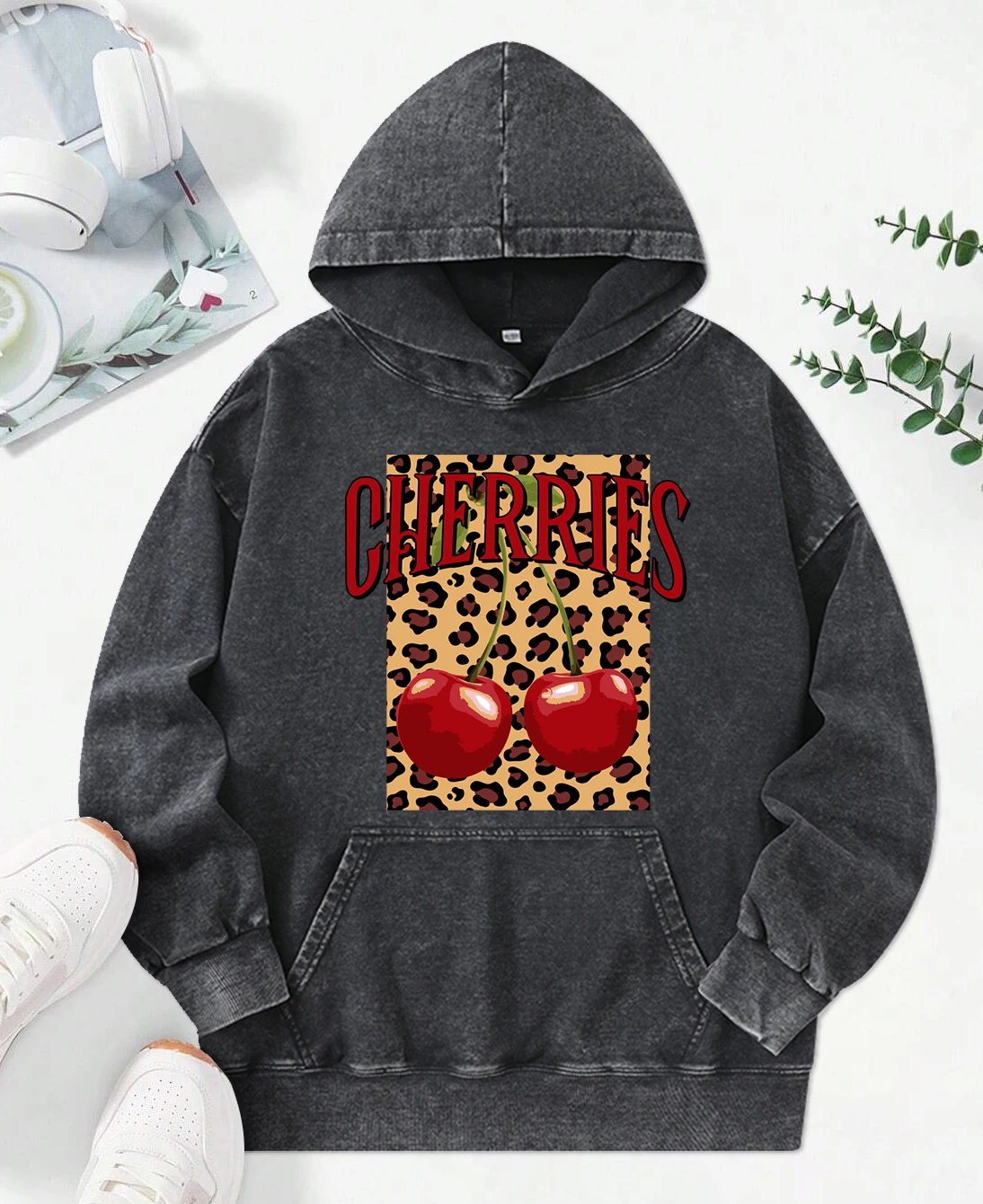 Leopard Cherry Creative Printing Women Washed Hoodie Loose Fashion Streetwear Autumn Multicolor Hoody Hip Hop Cotton Pullover