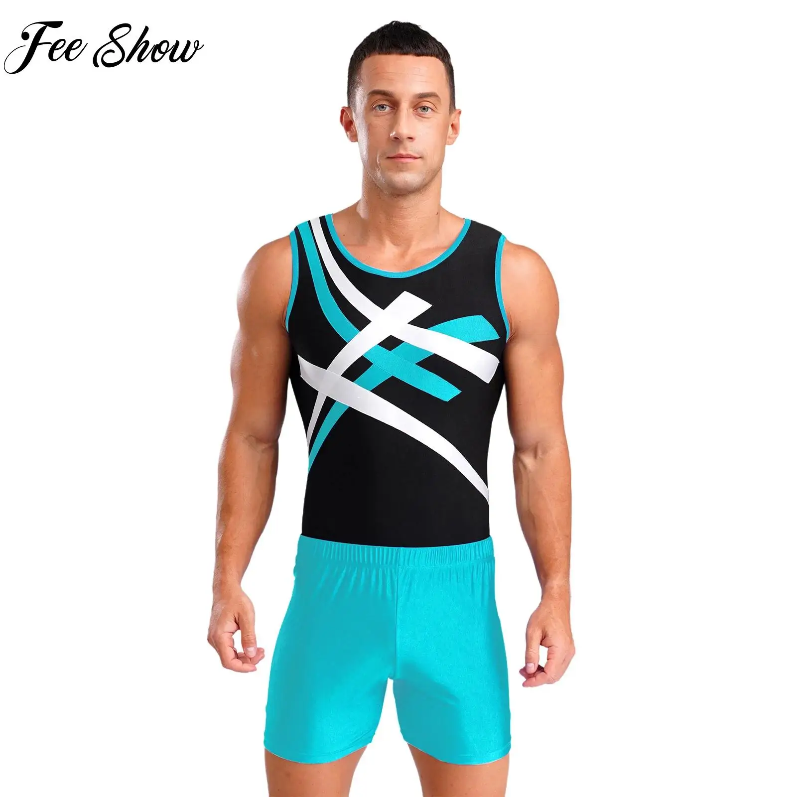 

Sleeveless Rhythmic Gymnastics Leotard Outfit Men Leotard with Shorts Set Dance Performance Competition Training Sports Swimwear