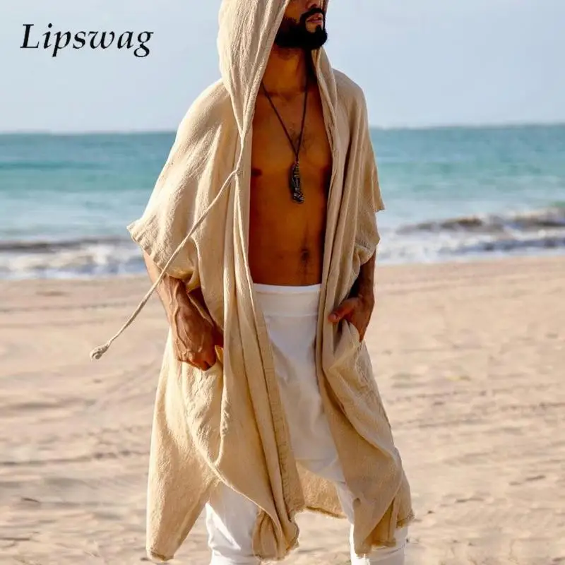 Seaside Beach Breathable Smock Cloak Men 2025 Summer Casual Solid Color Loose Hooded Cardigans Mens Boho Style Retro Long Robes