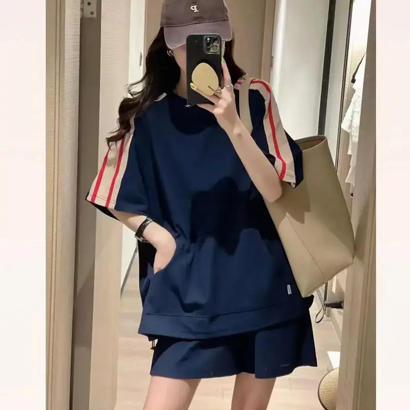 Summer Casual Short Sleeve Two Piece Set 2024 New Fashion Preppy Style Short Sets Ladies Loose O-neck Tops Elastic Waist Shorts