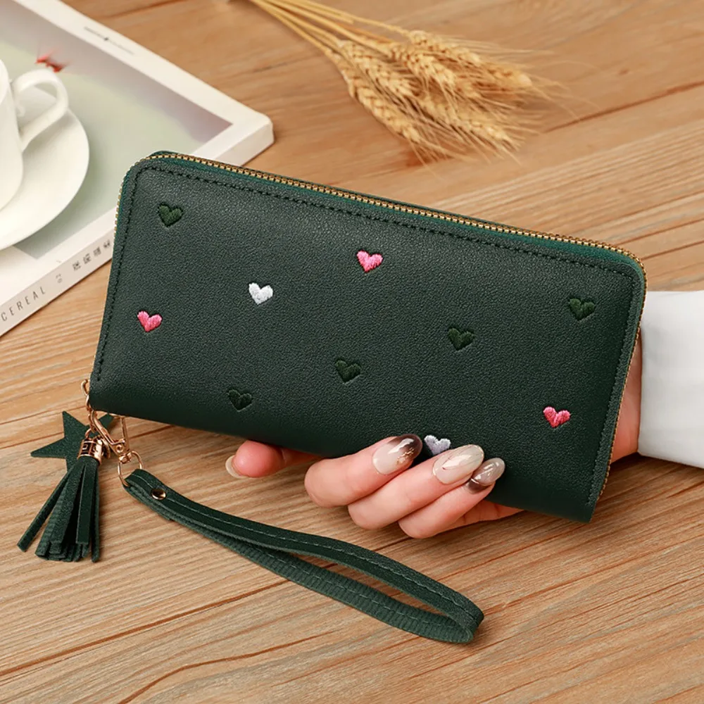 

Simple Korean Women's Long Wallet Long Tassel Love Heart Large Capacity Wallet PU Leather Multi-Cards Holder Clutch Bag Outdor