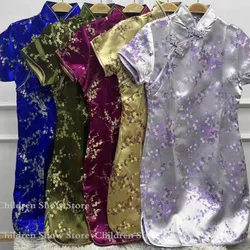 Women Elegant Cheongsam Silk Brocade Flower Qipao Improved Chinese Style Dress Sexy Short Vestidos Plus Size 3Xl 4Xl 5Xl
