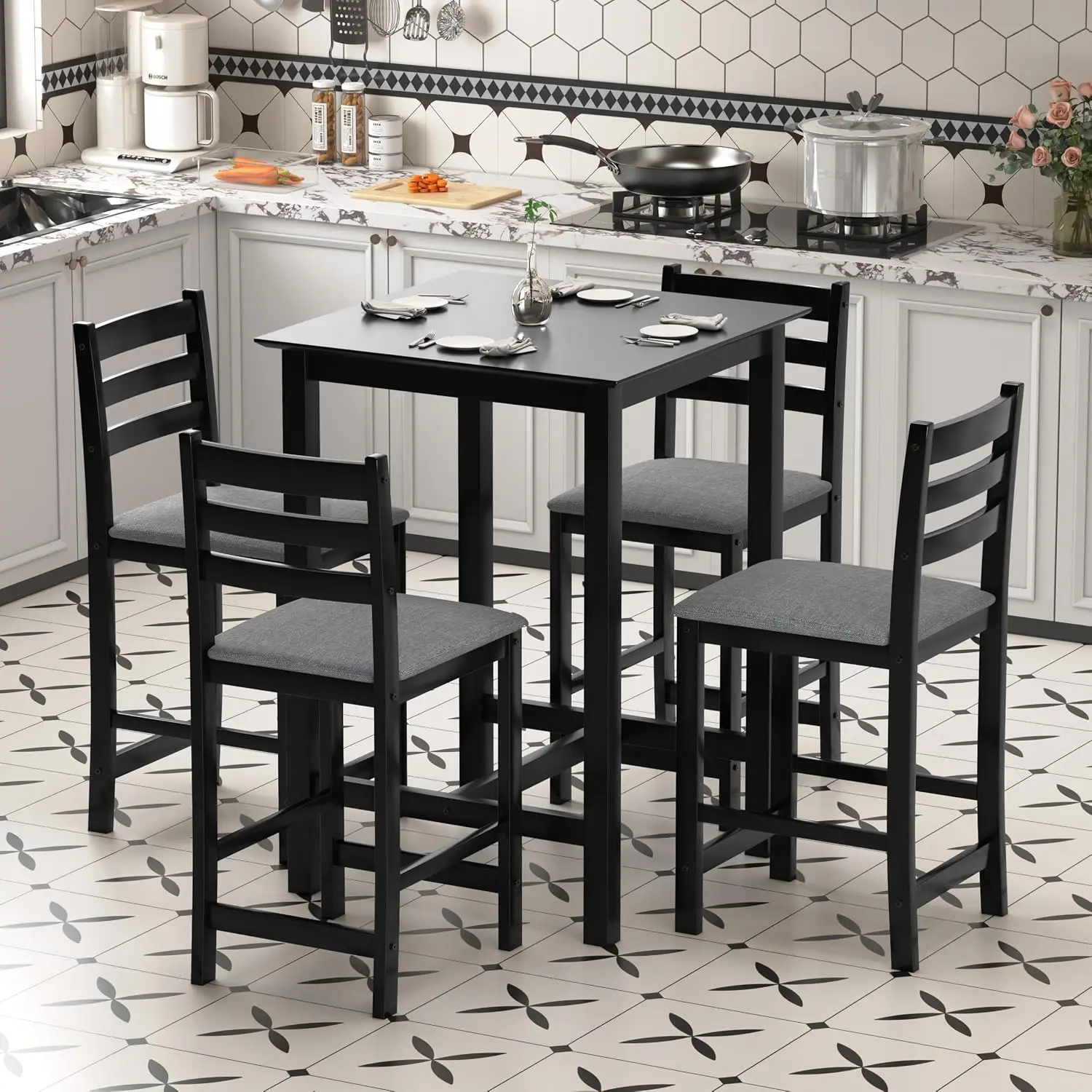 27.5 Inch Bar Table, Solid Wood Counter Height Table, Square High Top Table For Dining Room, Living Room, Black, Customized