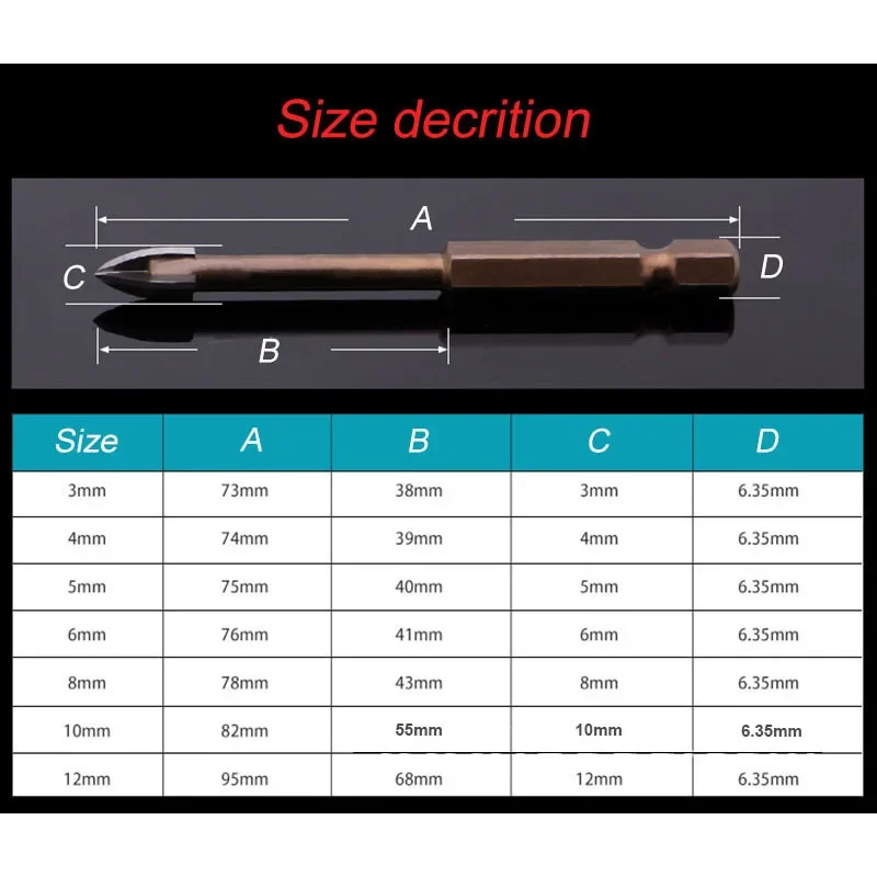 JUSTINLAU Cross Hex Tile Bits Glass Ceramic Concrete Hole Opener Alloy Triangle Drill Size 3/4/5/6/7/8/10/12 mm