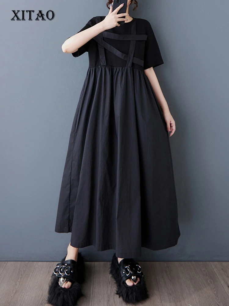 

XITAO Asymmetric Pleated Patchwork O-neck Dress Casual Loose Fitting A-line Short Sleeve Thin Pullover Women Dress ZMY1044