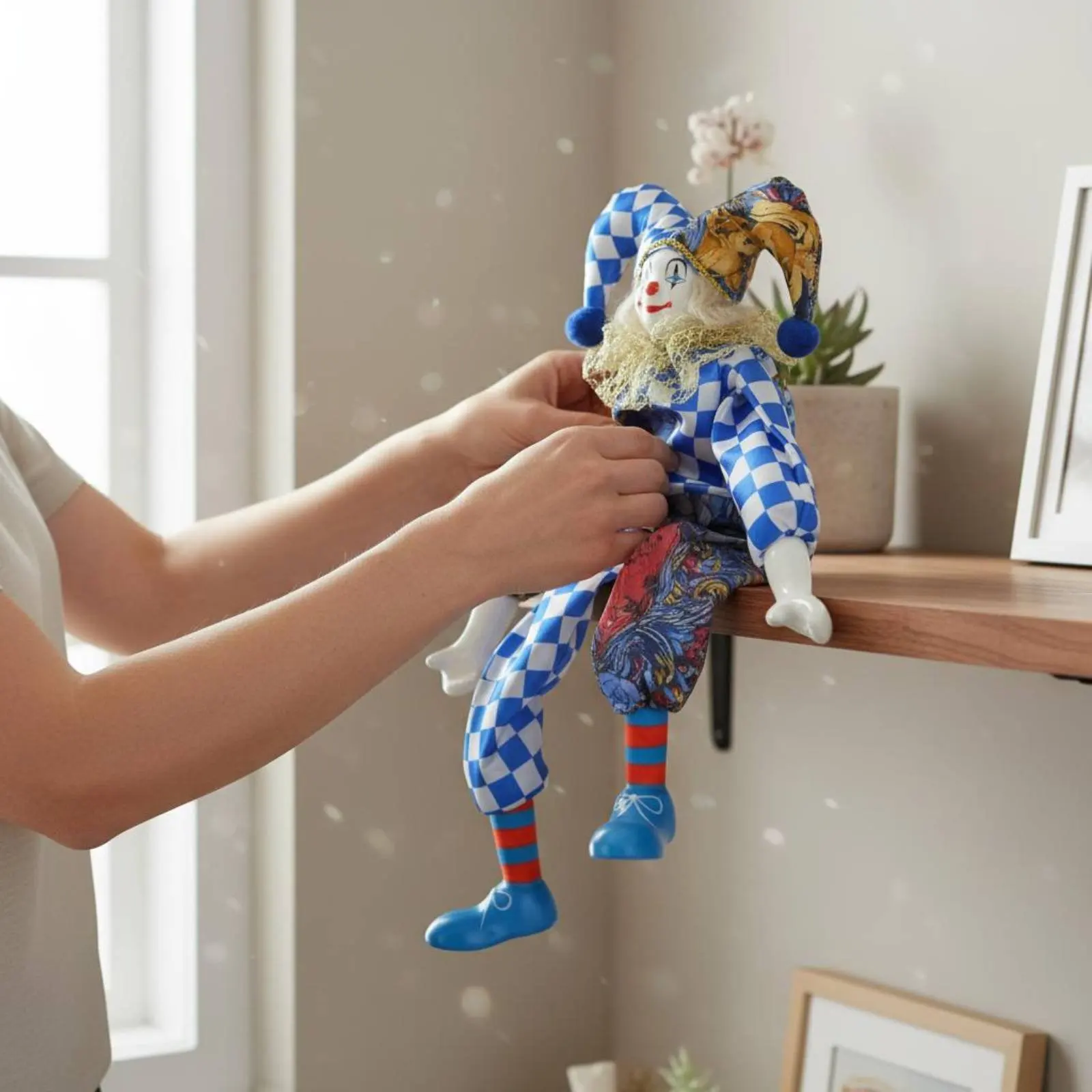 

Кукла-клоун с висячими ногами, с детальной росписью лица, ручной работы, для декора дома, для коллекционеров, для карнавальных тематических вечеринок