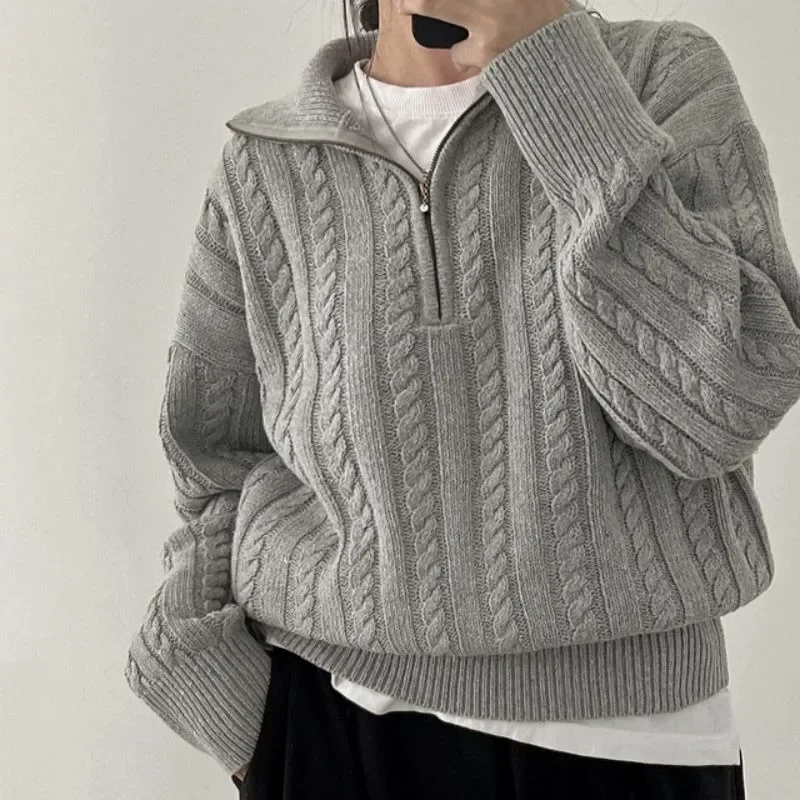 Vintage Half Zipper Women Sweaters Korean Fashion Long Sleeve Knitted Pullover Loose Casual Thermal Knitwear Autumn