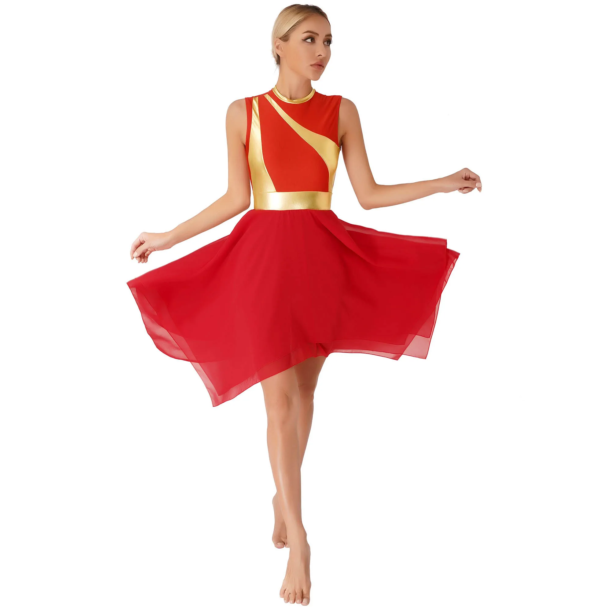 Women Ballet Dance Dress Lyrical Modern Contemporary Dance Costume Color Block Irregular Dance Dress Ballroom Dancewear