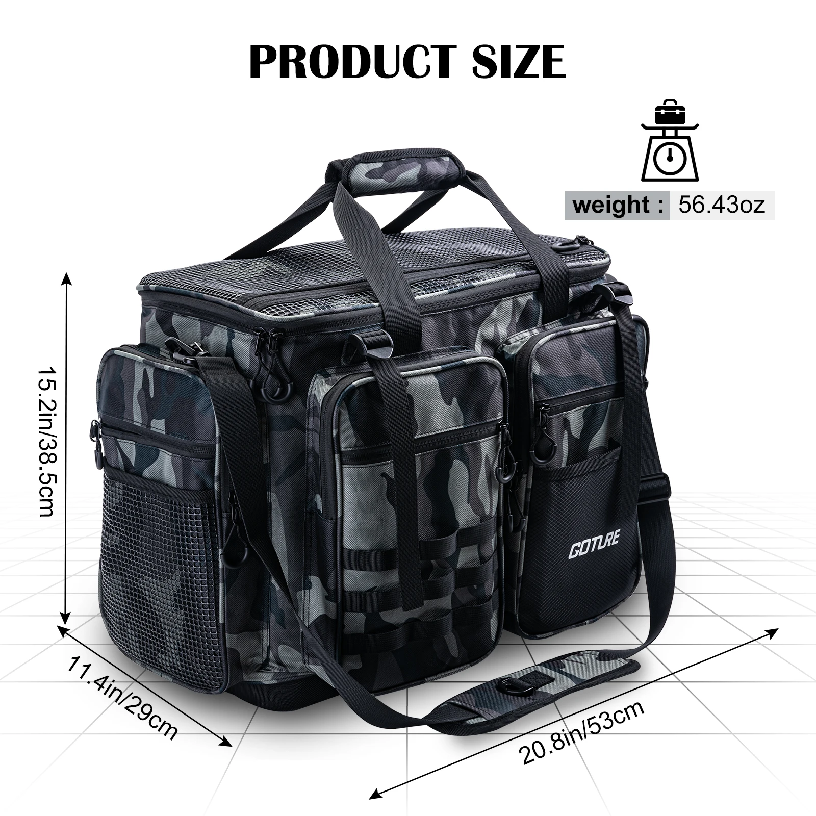 Imagem -06 - Goture-preto Camuflagem Pesca Tackle Bolsa Multi Purpose Bolsa Impermeável Grande Capacidade Nylon 53x29x38.5cm