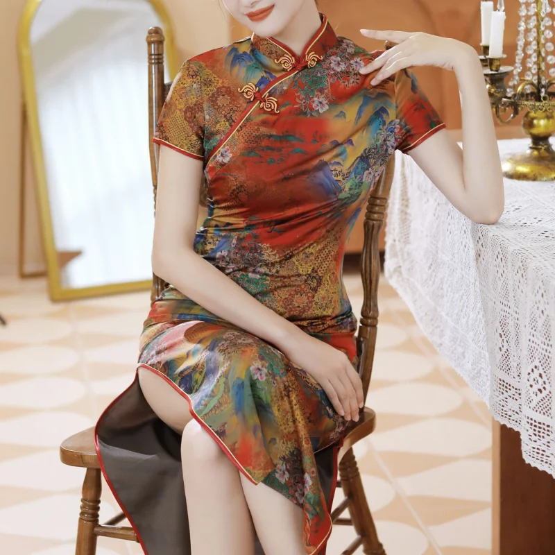 

Large Size 5XL Chinese Style Cheongsams Woman Traditional Dress Floral Print Qipao Satin Vestido Para Mujer Slitting Hem Bodycon