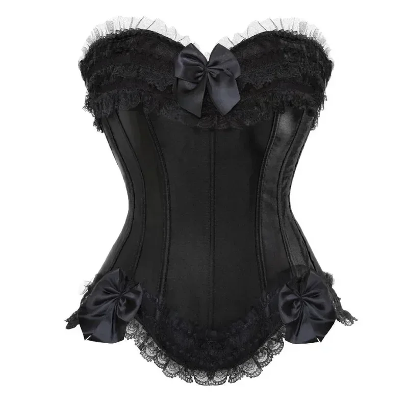 Satin Overbust Corset Top Women Gothic Victorian Lace Up Zip Overbust Bustier with Bowknot White Bridal Lingerier@0Z*